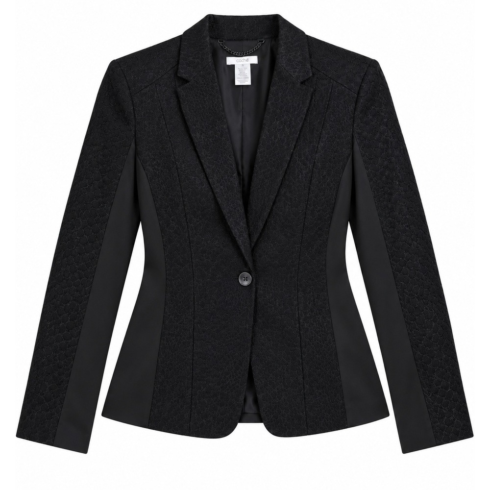 Cache Black Snakeskin Textured Satin Trim Single Button Blazer Jacket Size 6 New